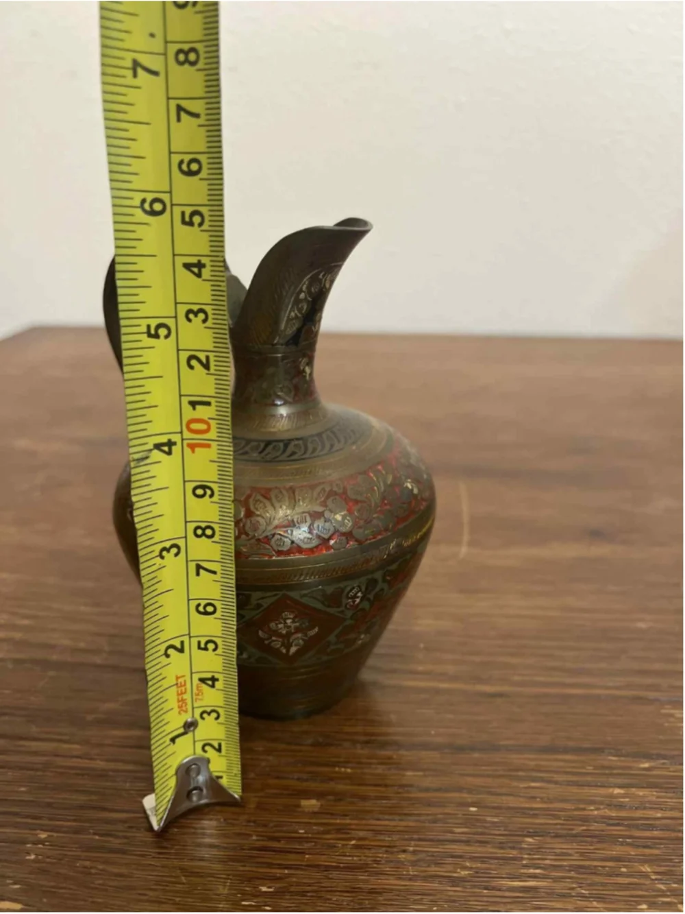 Vintage SEW India Brass Ewer 6” Hand Etched Red Enamel Pitcher Vase #119C